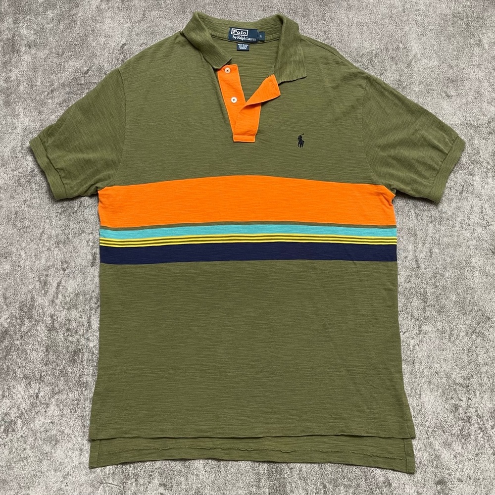 Polo Ralph Lauren Polo Shirt Men's L Textured Knit Striped Colorblock Green